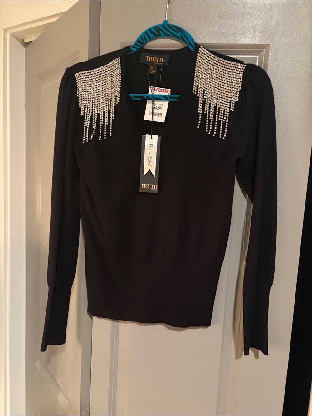 Truth Black Long-Sleeve Top with Silver Rhinestone Shoulder Fringe